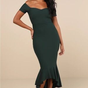 Lulu's Dark Green Off-Shoulder Midi Mermaid Dress